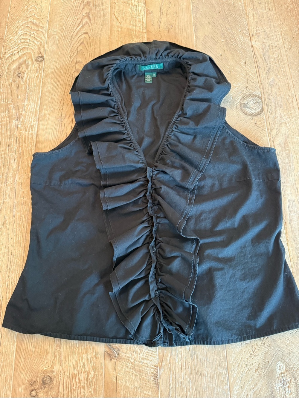 Lauren Ralph Lauren Black Ruffled Cotton Sleeveless Top XL